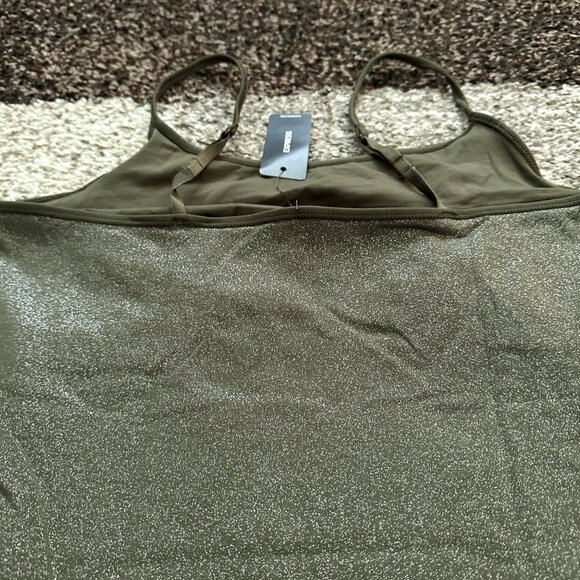 EXPRESS (M) Olive Green Shine Best Loved Bra Cami Fitted Tank Glitter Silver - Picture 9 of 12